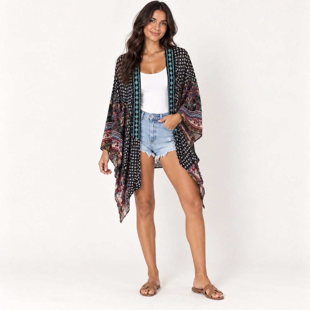 Flying Tomato Kimono Wrap XS Black Paisley Floral Geometric Handkerchief Hem